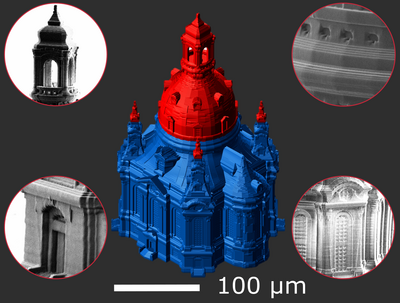 Model of the multi-material printed Frauenkirche Dresden with microscope images of printed details
