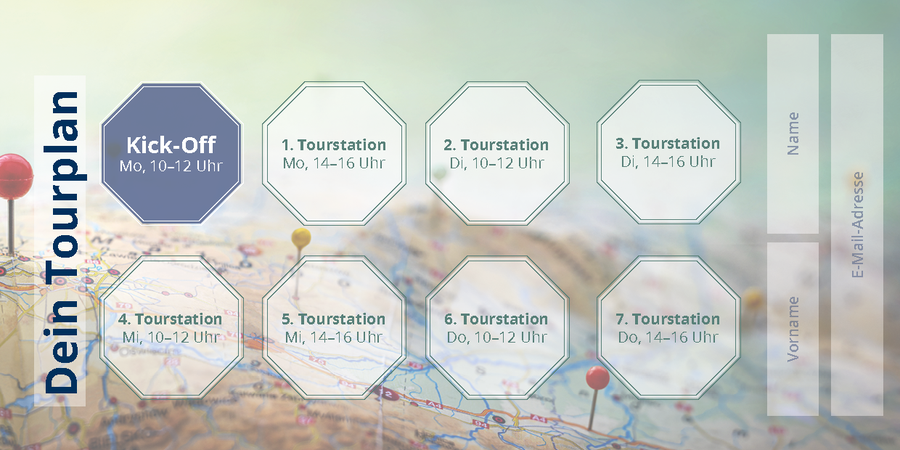 Screenshot of the tour plan flyer (stamp card) with 8 stamp fields