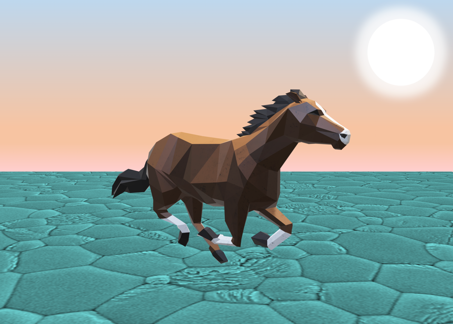 Illustration of a horse running over a ground which resembles a schematic crystal lattice